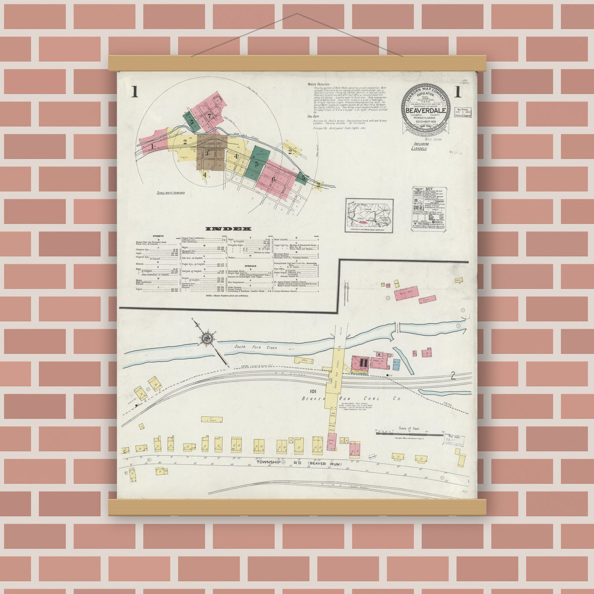 Old map wall art mockup — magnetic wood frame on brick wall — Sanborn Fire Insurance Map from Beaverdale, Cambria County, Pennsylvania (1923) - Complete Map Set