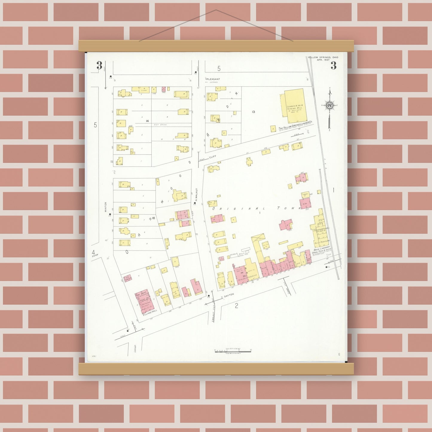 Old map wall art mockup — magnetic wood frame on brick wall — Sanborn Fire Insurance Map from Yellow Springs, Greene County, Ohio (1937), Sheet #0003