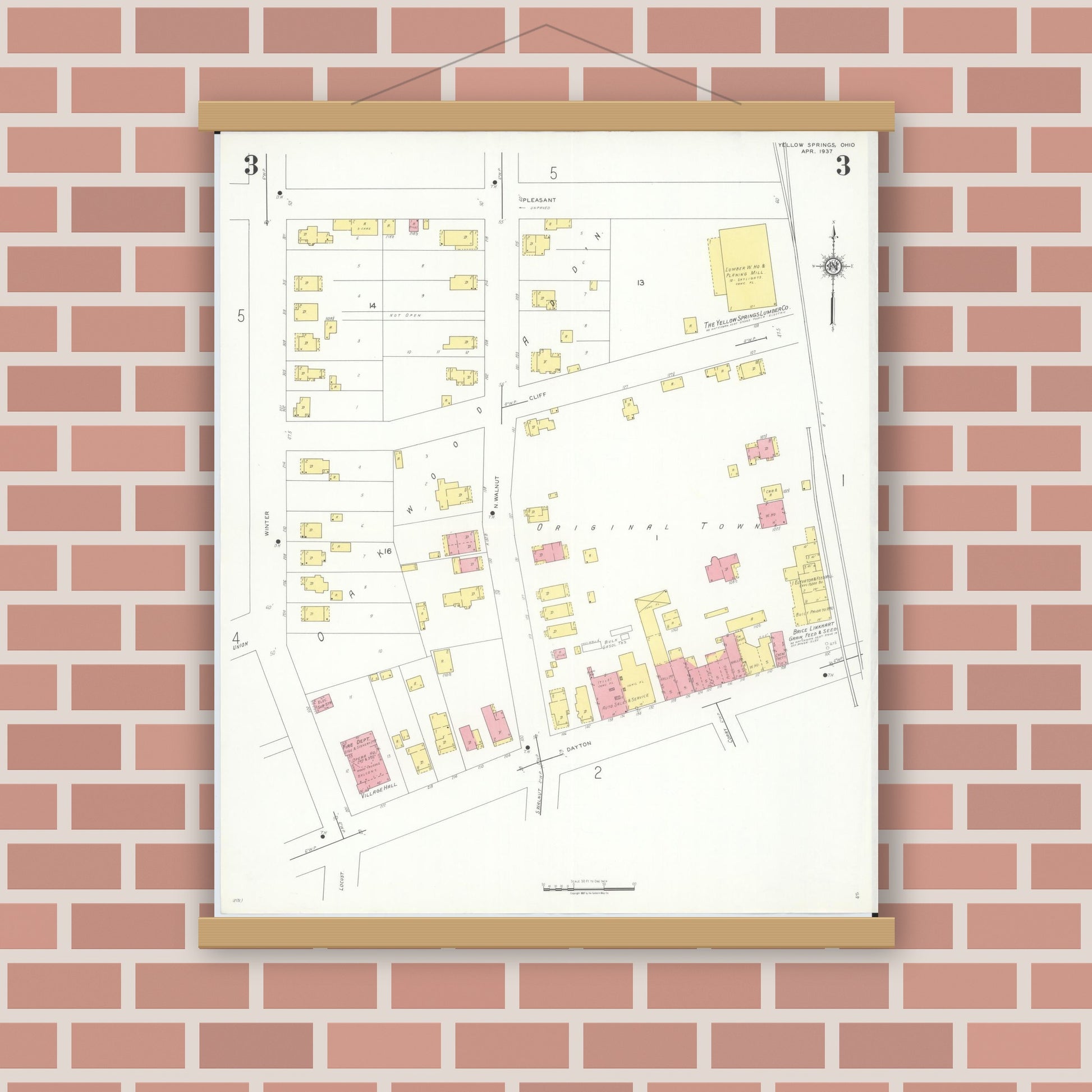 Old map wall art mockup — magnetic wood frame on brick wall — Sanborn Fire Insurance Map from Yellow Springs, Greene County, Ohio (1937), Sheet #0003
