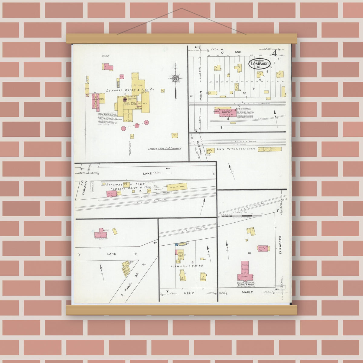 Old map wall art mockup — magnetic wood frame on brick wall — Sanborn Fire Insurance Map from Lombard, Du Page County, Illinois (1919), Sheet #0004