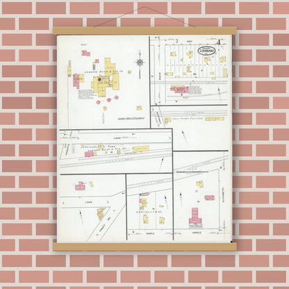 Old map wall art mockup — magnetic wood frame on brick wall — Sanborn Fire Insurance Map from Lombard, Du Page County, Illinois (1919), Sheet #0004
