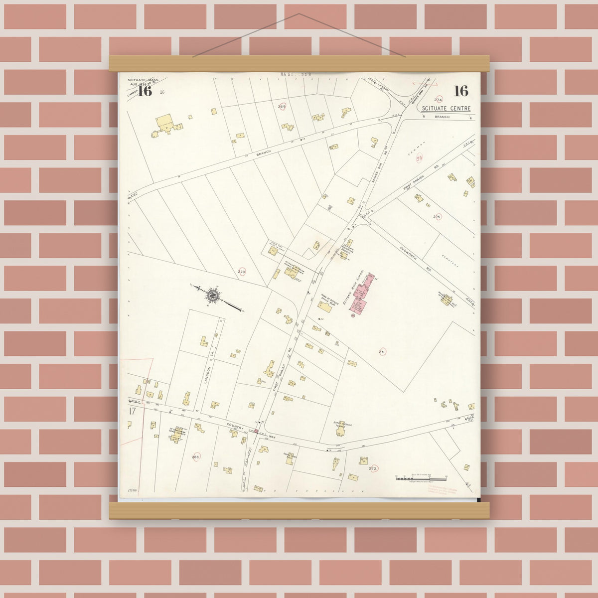 Old map wall art mockup — magnetic wood frame on brick wall — Sanborn Fire Insurance Map from Scituate, Plymouth County, Massachusetts (1944), Sheet #0016
