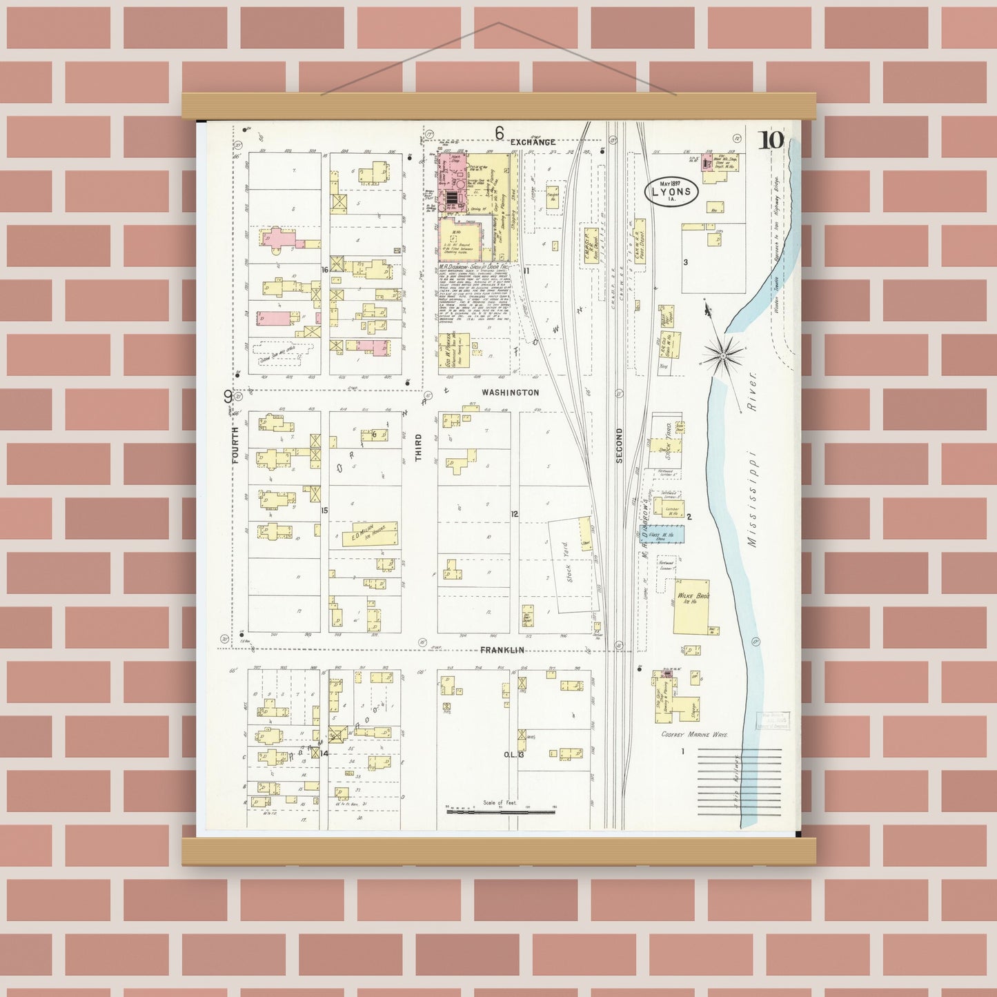 Old map wall art mockup — magnetic wood frame on brick wall — Sanborn Fire Insurance Map from Lyons, Clinton County, Iowa (1897), Sheet #0010