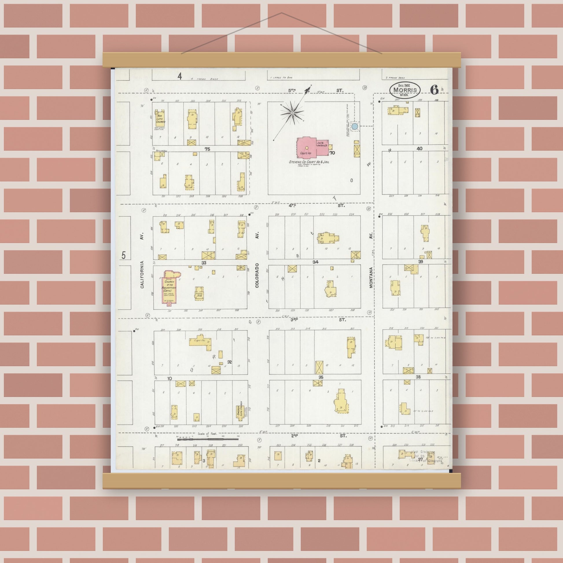 Old map wall art mockup — magnetic wood frame on brick wall — Sanborn Fire Insurance Map from Morris, Stevens County, Minnesota (1902), Sheet #0006