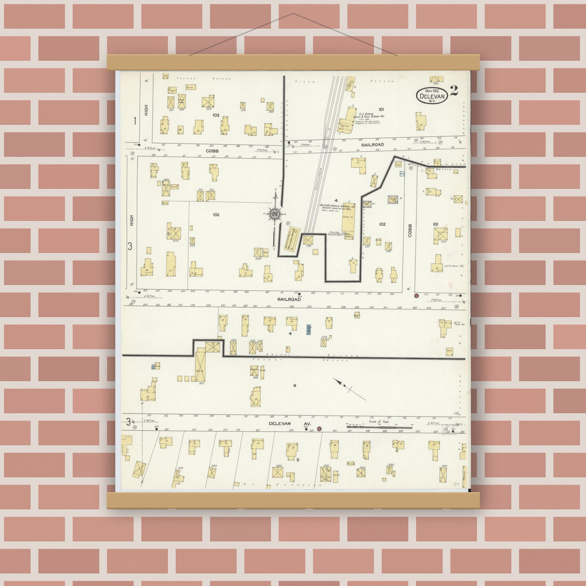 Old map wall art mockup — magnetic wood frame on brick wall — Sanborn Fire Insurance Map from Delevan, Cattaraugus County, New York (1912), Sheet #0002