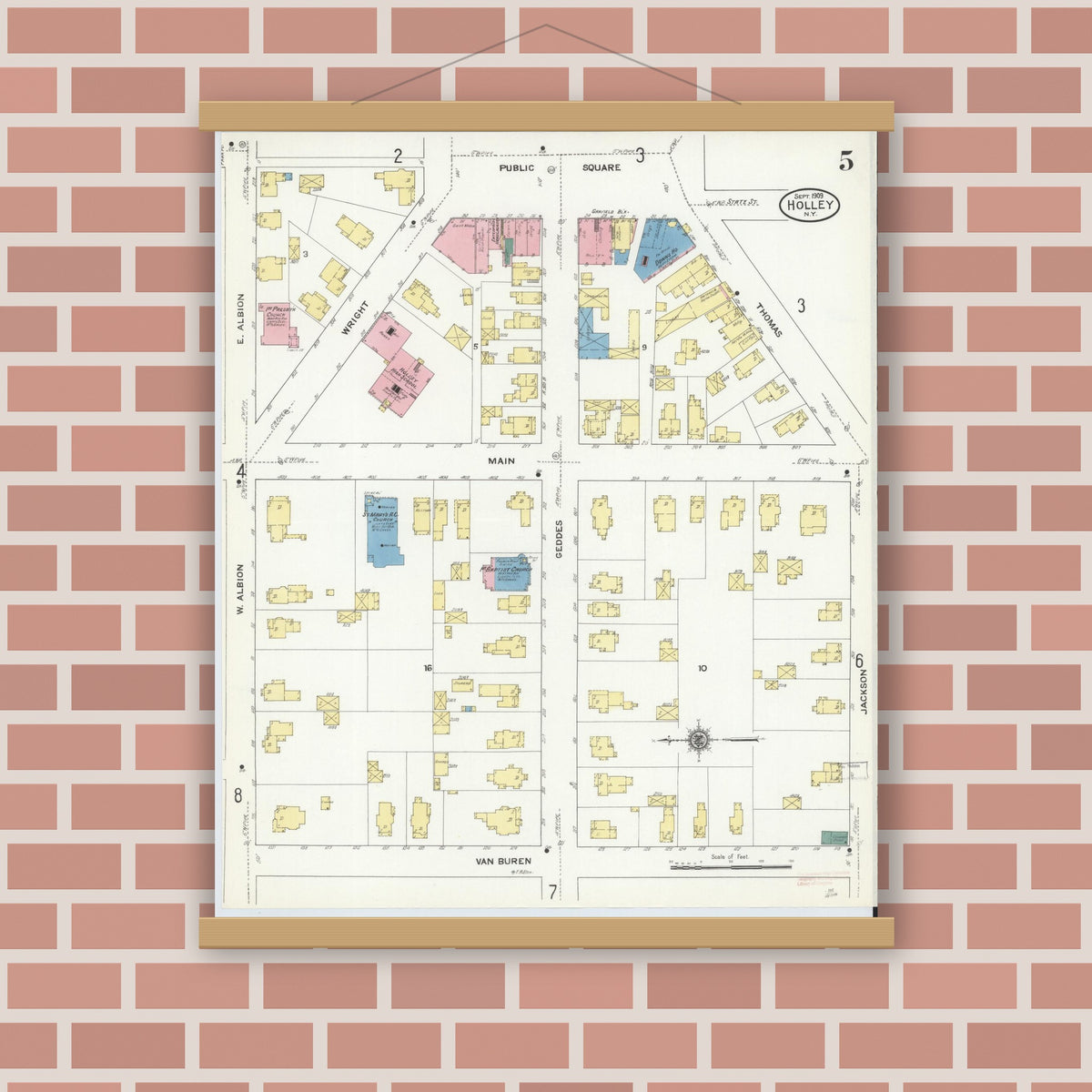 Old map wall art mockup — magnetic wood frame on brick wall — Sanborn Fire Insurance Map from Holley, Orleans County, New York (1909), Sheet #0005