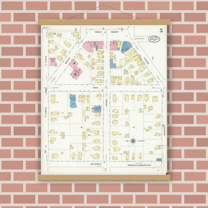 Old map wall art mockup — magnetic wood frame on brick wall — Sanborn Fire Insurance Map from Holley, Orleans County, New York (1909), Sheet #0005