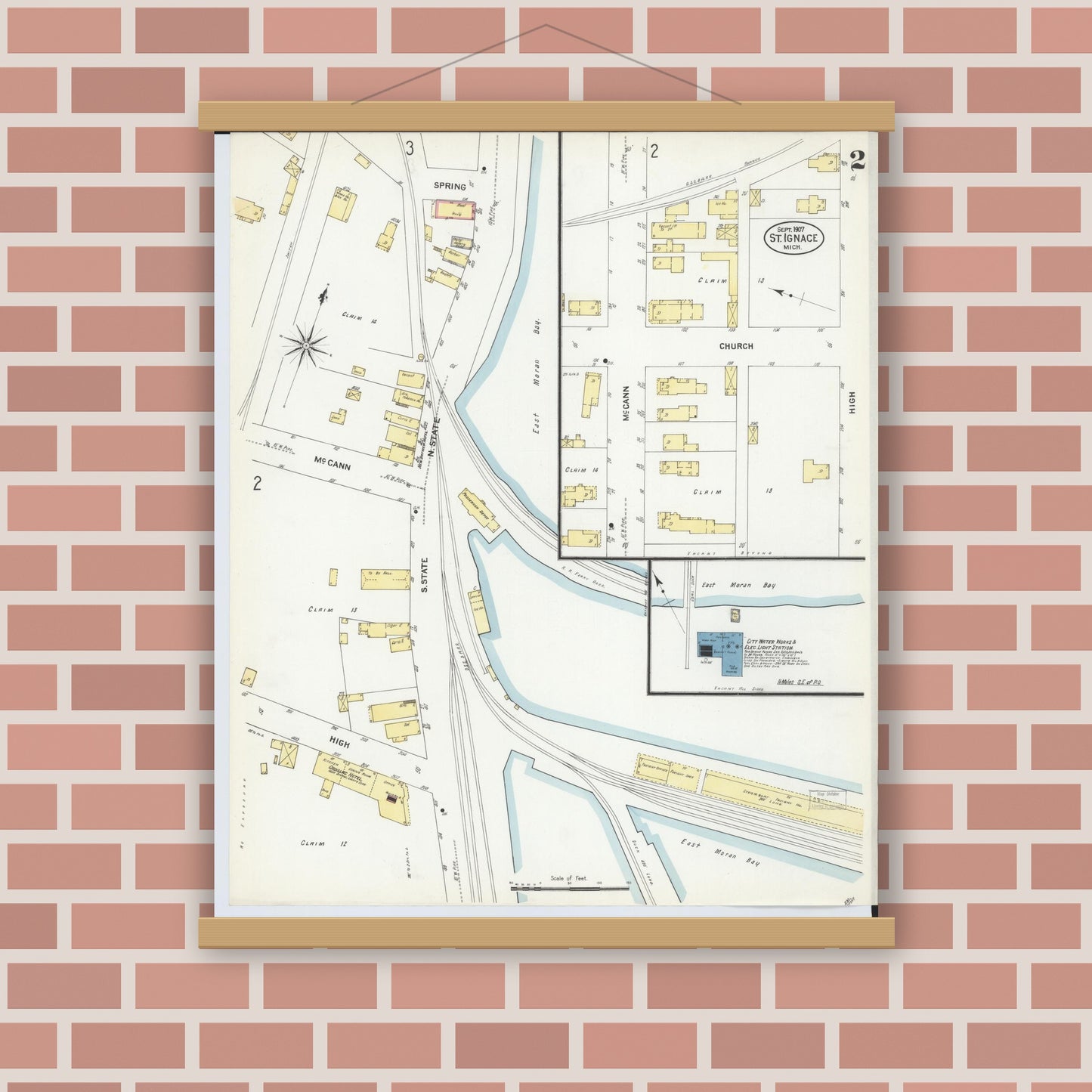 Old map wall art mockup — magnetic wood frame on brick wall — Sanborn Fire Insurance Map from Saint Ignace, Mackinac County, Michigan (1907), Sheet #0002