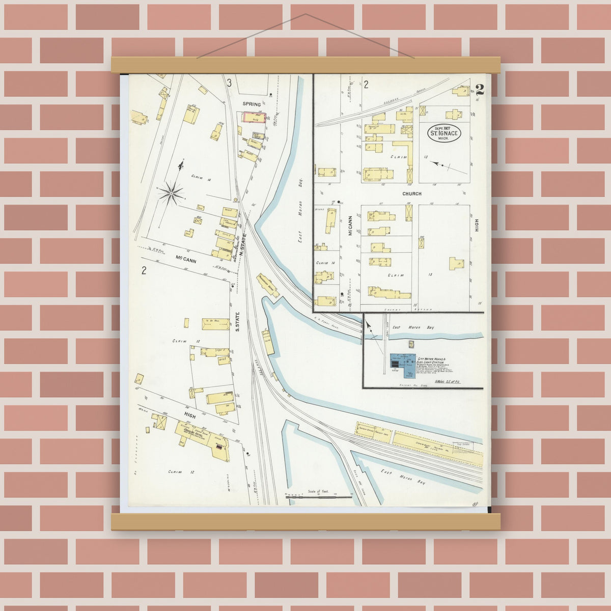 Old map wall art mockup — magnetic wood frame on brick wall — Sanborn Fire Insurance Map from Saint Ignace, Mackinac County, Michigan (1907), Sheet #0002
