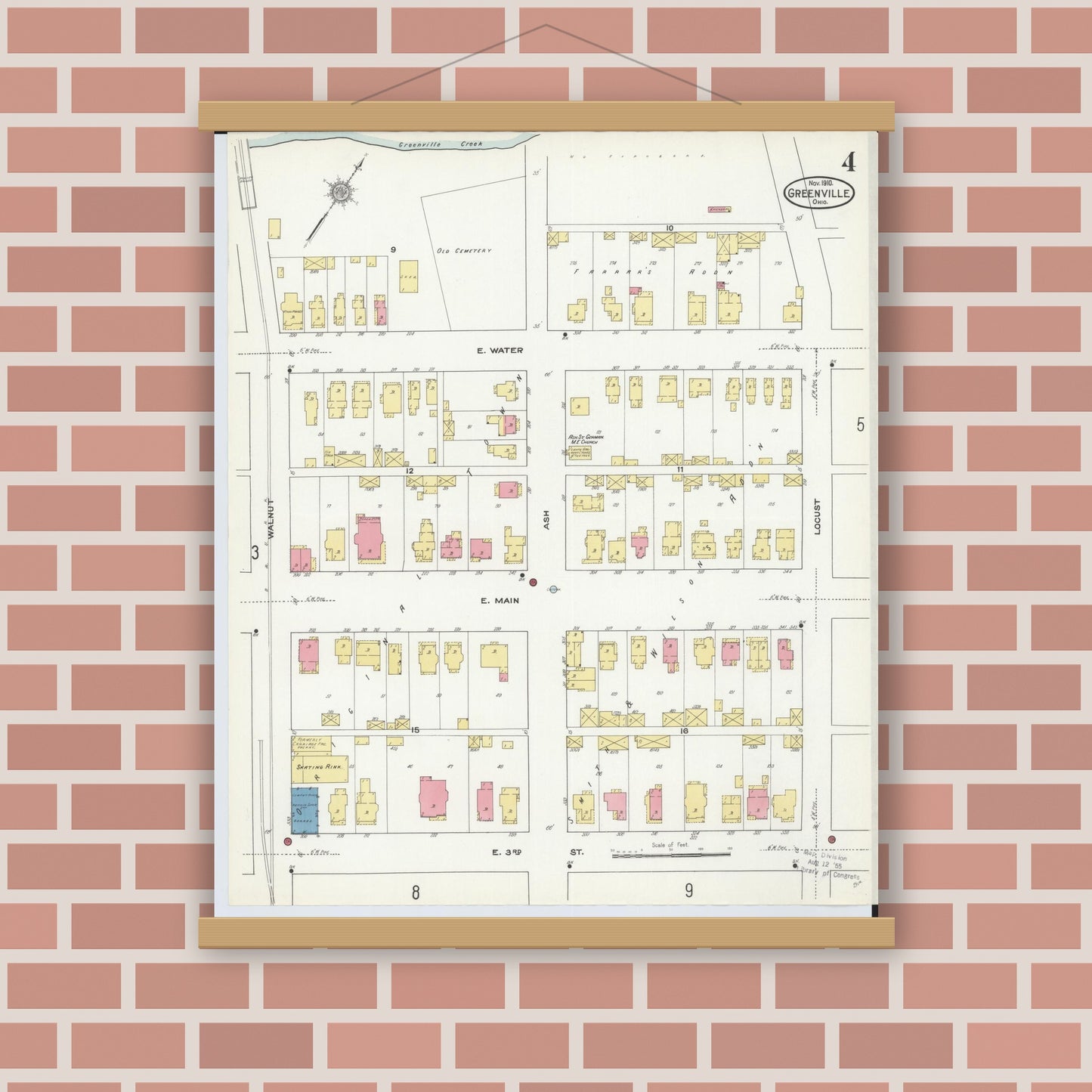 Old map wall art mockup — magnetic wood frame on brick wall — Sanborn Fire Insurance Map from Greenville, Darke County, Ohio (1910), Sheet #0004