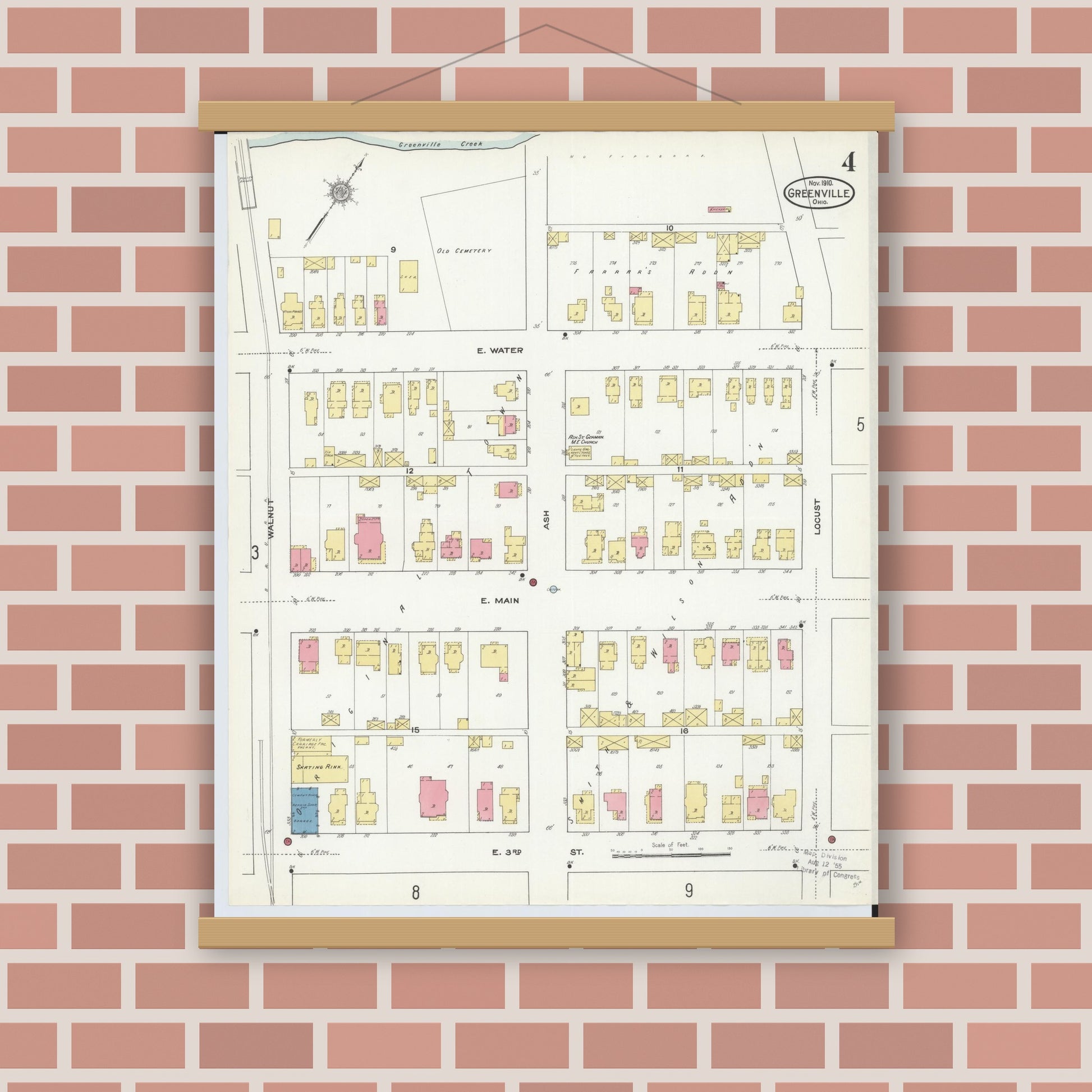 Old map wall art mockup — magnetic wood frame on brick wall — Sanborn Fire Insurance Map from Greenville, Darke County, Ohio (1910), Sheet #0004