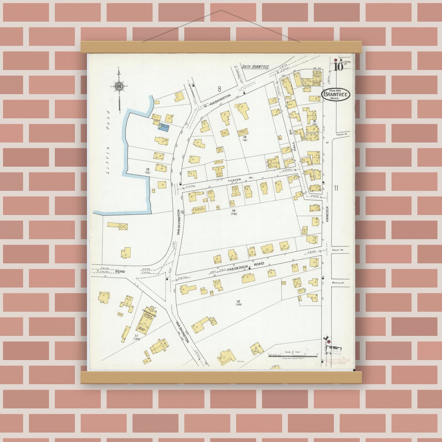 Old map wall art mockup — magnetic wood frame on brick wall — Sanborn Fire Insurance Map from Braintree, Norfolk County, Massachusetts (1919), Sheet #0010