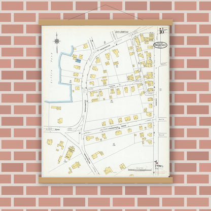 Old map wall art mockup — magnetic wood frame on brick wall — Sanborn Fire Insurance Map from Braintree, Norfolk County, Massachusetts (1919), Sheet #0010