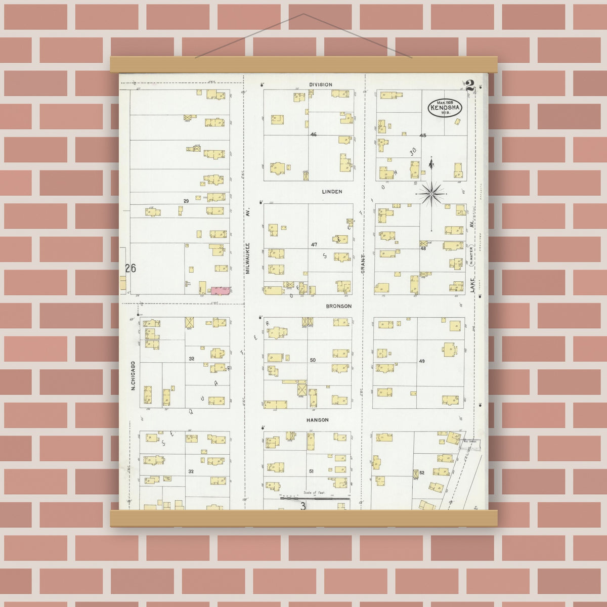 Old map wall art mockup — magnetic wood frame on brick wall — Sanborn Fire Insurance Map from Kenosha, Kenosha County, Wisconsin (1905), Sheet #0002