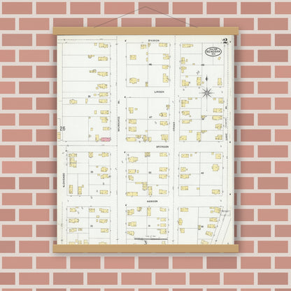 Old map wall art mockup — magnetic wood frame on brick wall — Sanborn Fire Insurance Map from Kenosha, Kenosha County, Wisconsin (1905), Sheet #0002