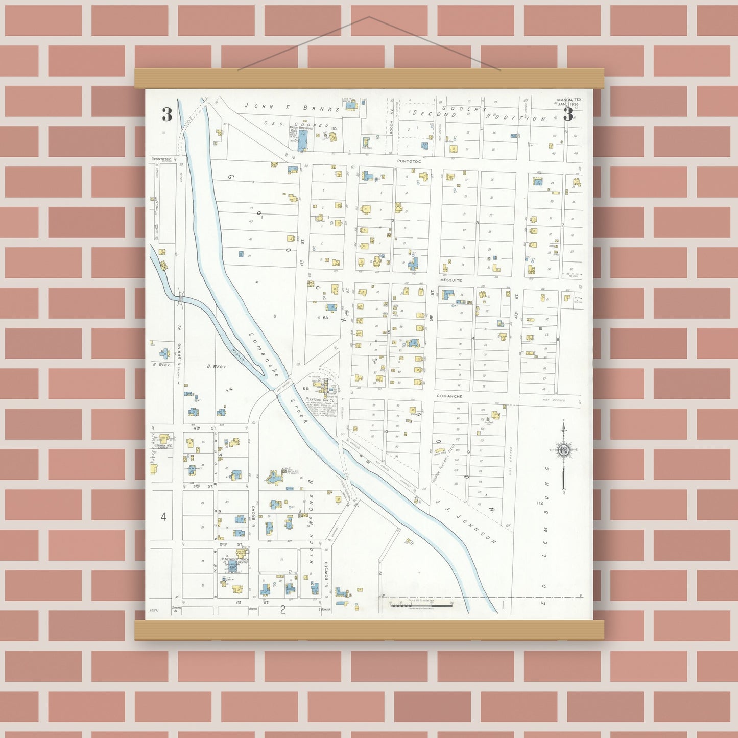 Old map wall art mockup — magnetic wood frame on brick wall — Sanborn Fire Insurance Map from Mason, Mason County, Texas (1936), Sheet #0003