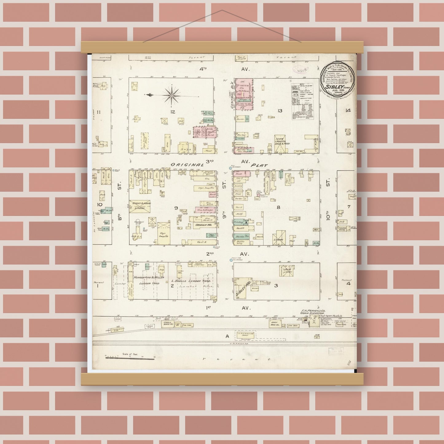 Old map wall art mockup — magnetic wood frame on brick wall — Sanborn Fire Insurance Map from Sibley, Osceola County, Iowa (1886), Sheet #0001