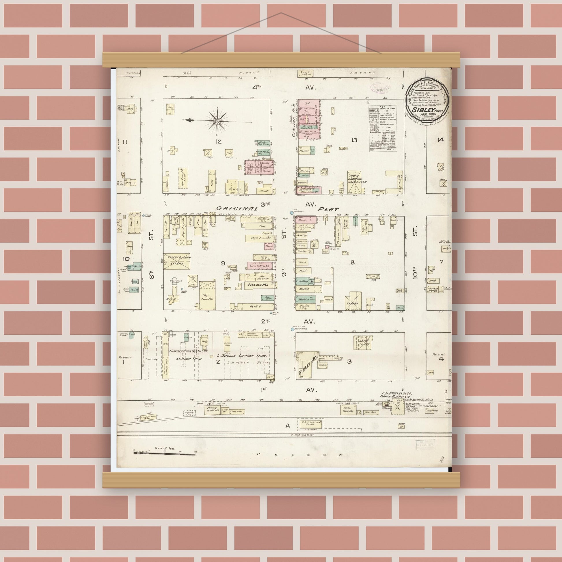 Old map wall art mockup — magnetic wood frame on brick wall — Sanborn Fire Insurance Map from Sibley, Osceola County, Iowa (1886), Sheet #0001