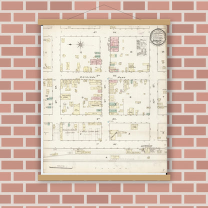 Old map wall art mockup — magnetic wood frame on brick wall — Sanborn Fire Insurance Map from Sibley, Osceola County, Iowa (1886), Sheet #0001