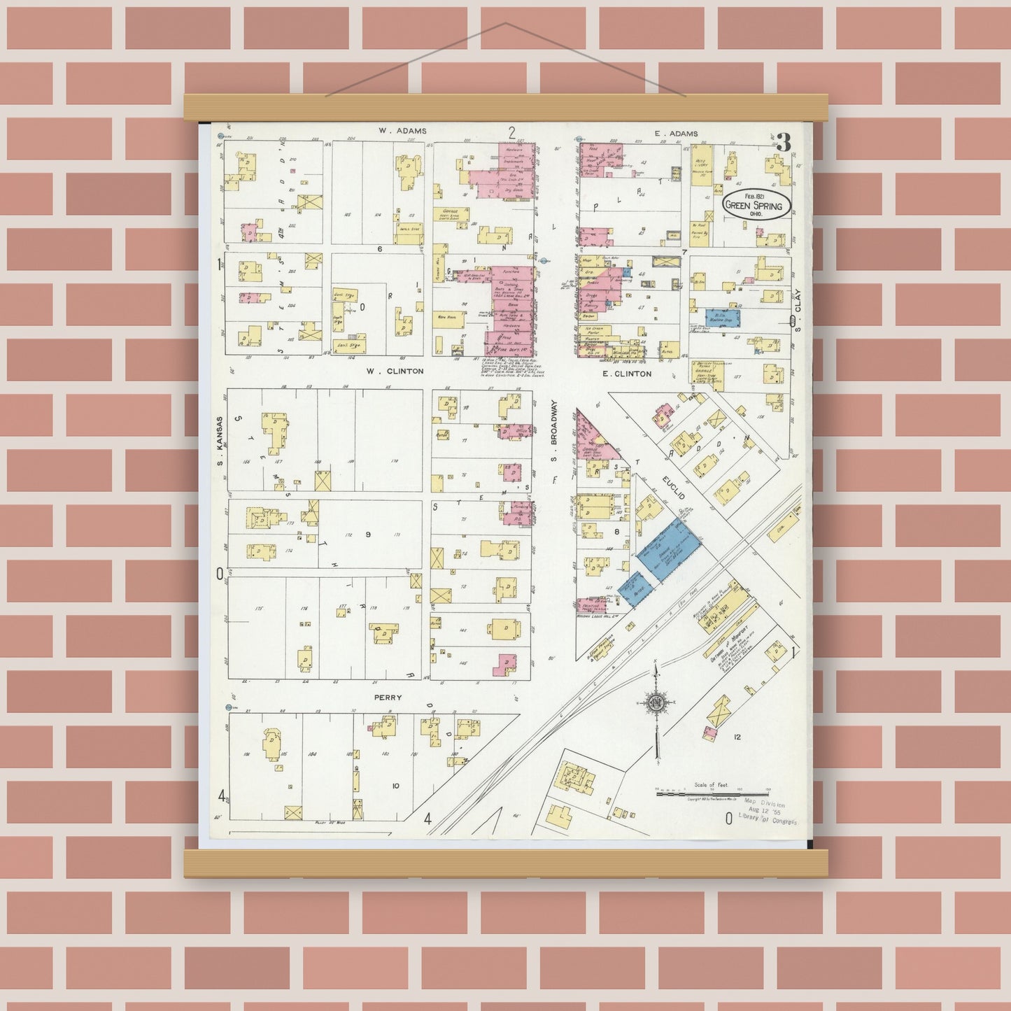 Old map wall art mockup — magnetic wood frame on brick wall — Sanborn Fire Insurance Map from Green Springs, Sandusky And Seneca Counties, Ohio (1921), Sheet #0003