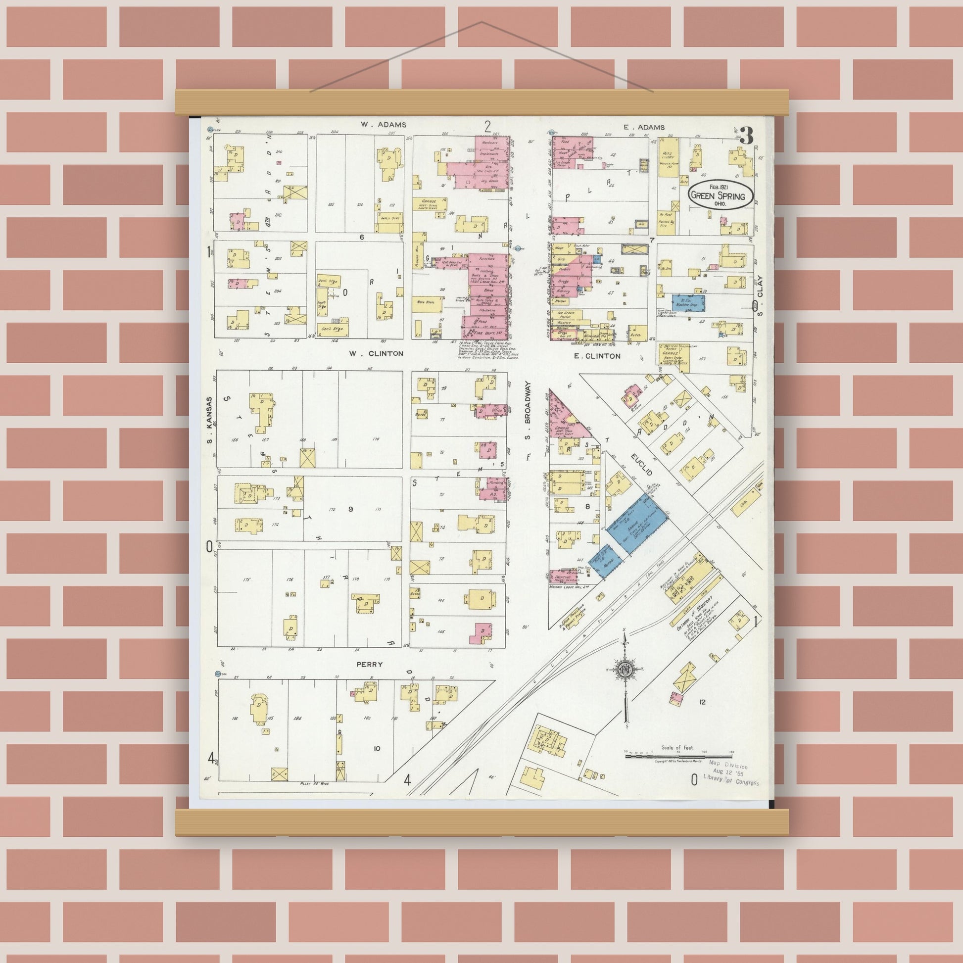 Old map wall art mockup — magnetic wood frame on brick wall — Sanborn Fire Insurance Map from Green Springs, Sandusky And Seneca Counties, Ohio (1921), Sheet #0003
