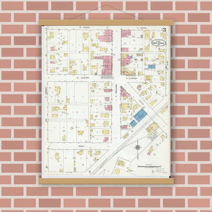Old map wall art mockup — magnetic wood frame on brick wall — Sanborn Fire Insurance Map from Green Springs, Sandusky And Seneca Counties, Ohio (1921), Sheet #0003