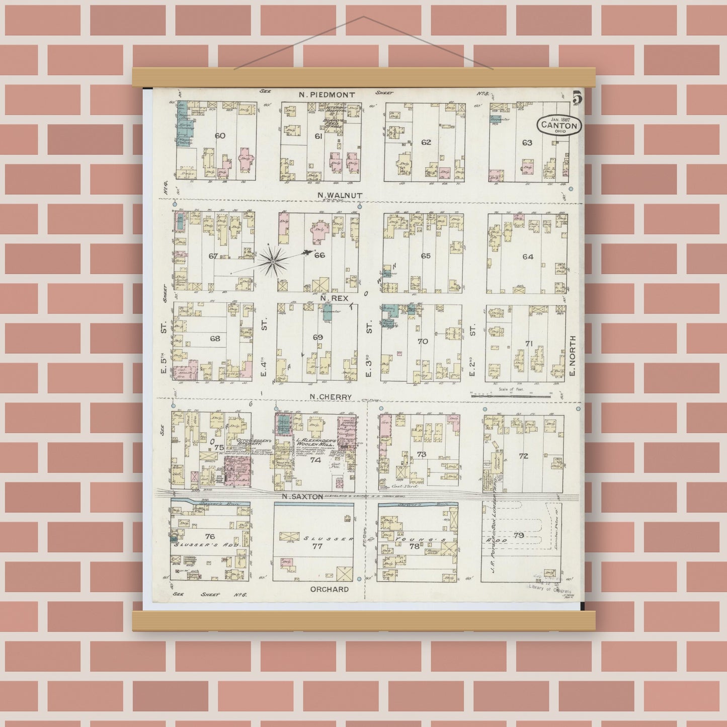 Old map wall art mockup — magnetic wood frame on brick wall — Sanborn Fire Insurance Map from Canton, Stark County, Ohio (1887), Sheet #0005