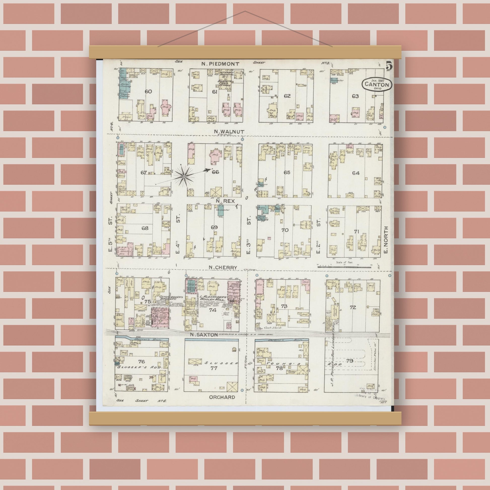 Old map wall art mockup — magnetic wood frame on brick wall — Sanborn Fire Insurance Map from Canton, Stark County, Ohio (1887), Sheet #0005