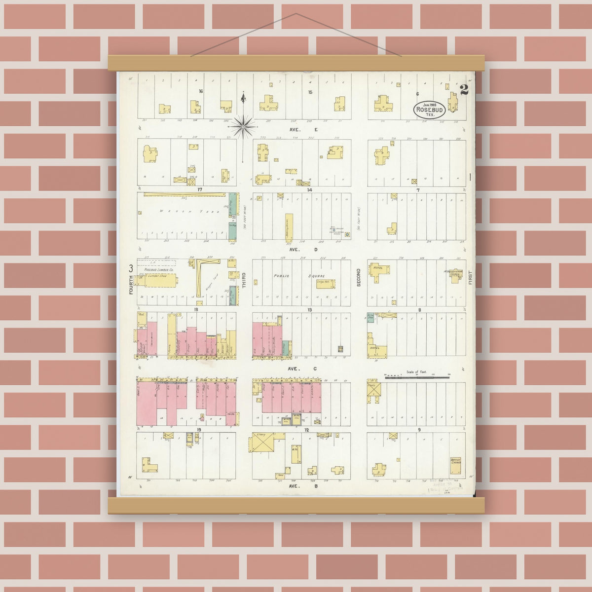 Old map wall art mockup — magnetic wood frame on brick wall — Sanborn Fire Insurance Map from Rosebud, Falls County, Texas (1903), Sheet #0002