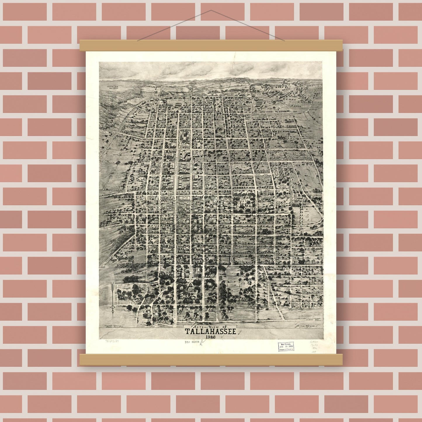 Old map wall art mockup — magnetic wood frame on brick wall — Aero-view of Tallahassee 1926. (1926)