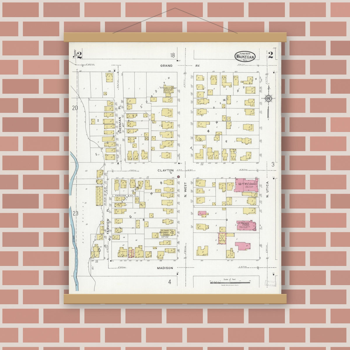 Old map wall art mockup — magnetic wood frame on brick wall — Sanborn Fire Insurance Map from Waukegan, Lake County, Illinois (1924), Sheet #0002