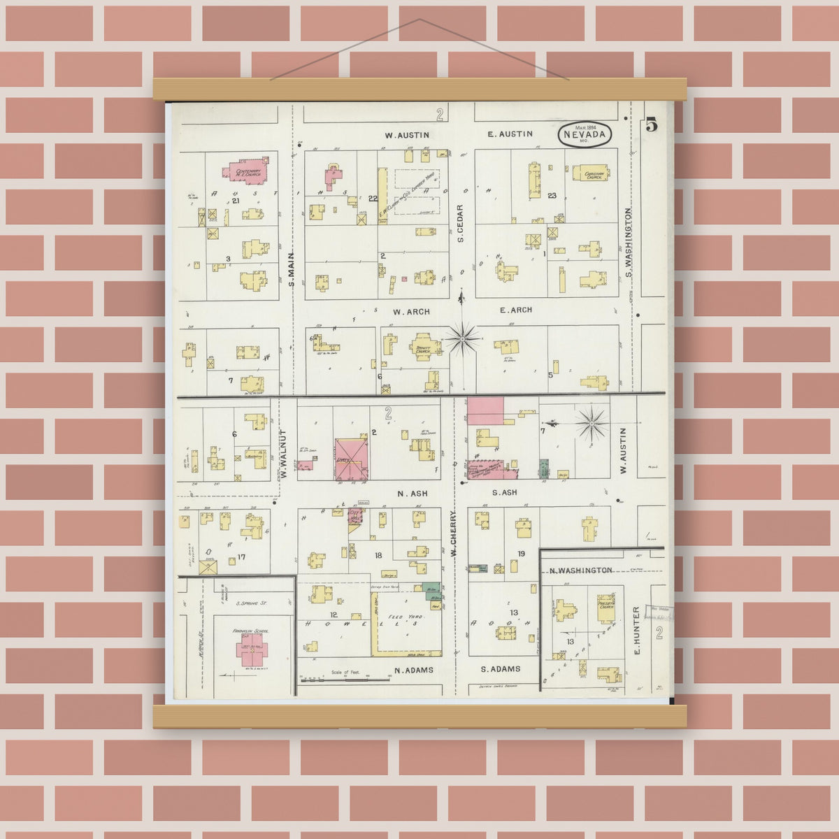 Old map wall art mockup — magnetic wood frame on brick wall — Sanborn Fire Insurance Map from Nevada, Vernon County, Missouri (1894), Sheet #0005