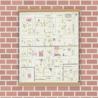 Old map wall art mockup — magnetic wood frame on brick wall — Sanborn Fire Insurance Map from Nevada, Vernon County, Missouri (1894), Sheet #0005
