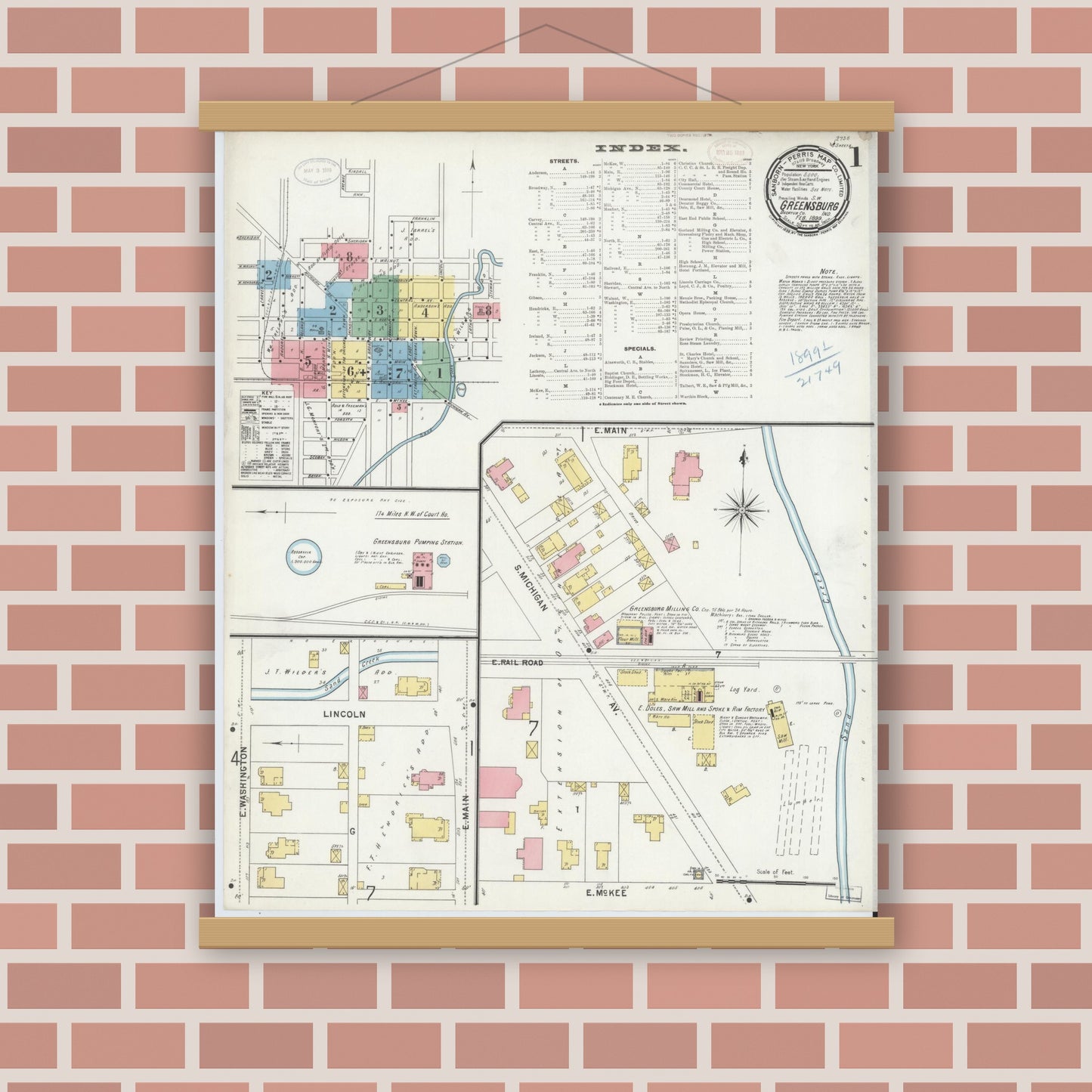 Old map wall art mockup — magnetic wood frame on brick wall — Sanborn Fire Insurance Map from Greensburg, Decatur County, Indiana (1899) - Complete Map Set