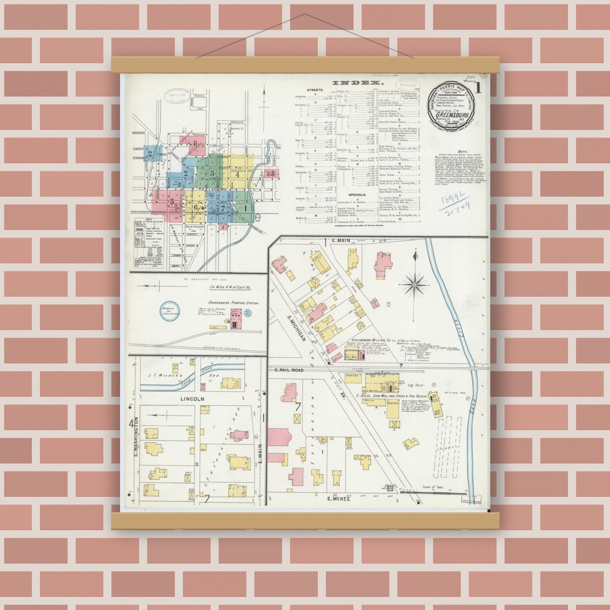 Old map wall art mockup — magnetic wood frame on brick wall — Sanborn Fire Insurance Map from Greensburg, Decatur County, Indiana (1899) - Complete Map Set