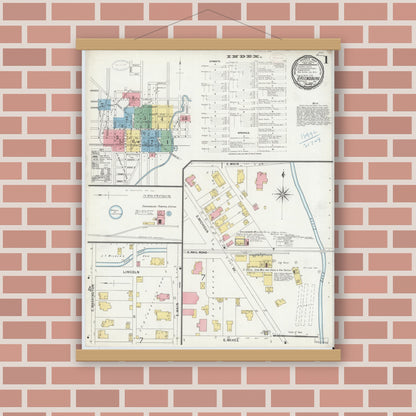 Old map wall art mockup — magnetic wood frame on brick wall — Sanborn Fire Insurance Map from Greensburg, Decatur County, Indiana (1899) - Complete Map Set
