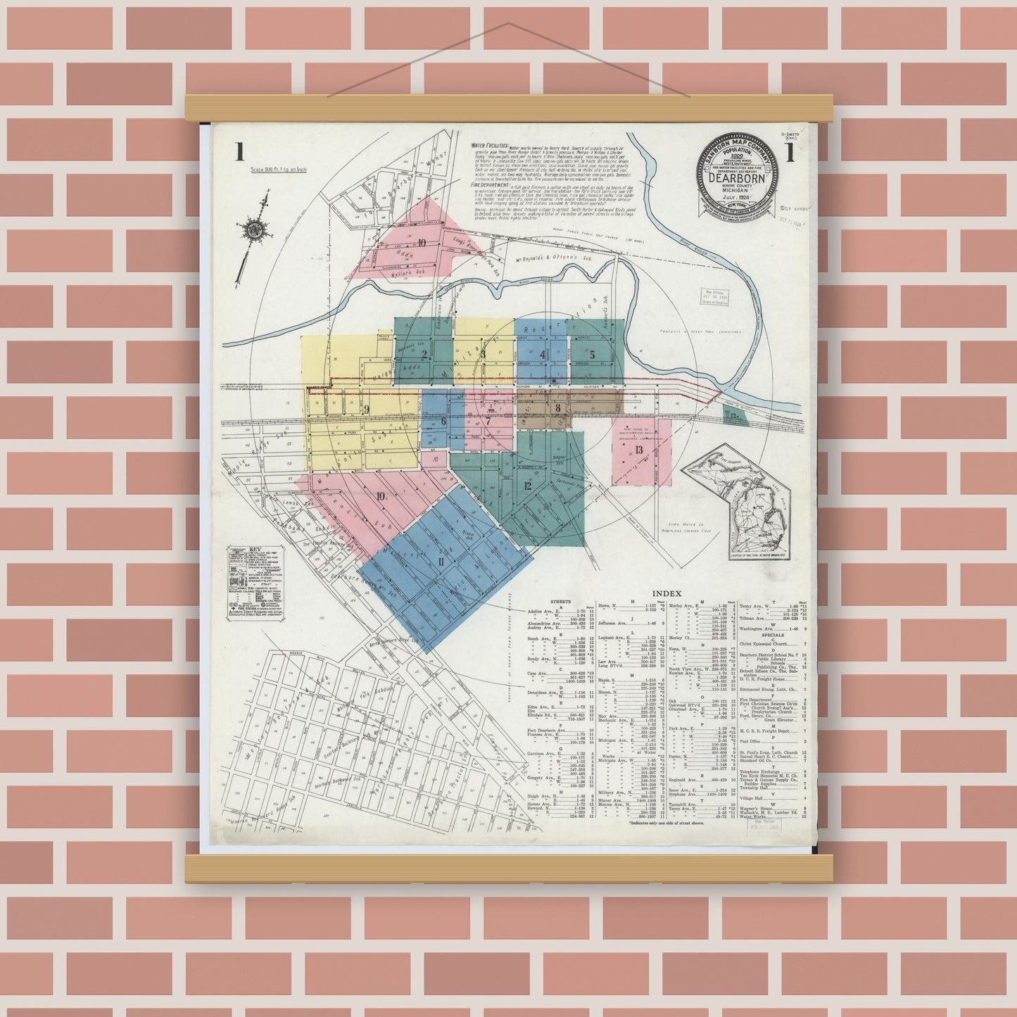 Old map wall art mockup — magnetic wood frame on brick wall — Sanborn Fire Insurance Map from Dearborn, Wayne County, Michigan (1924), Sheet #0001