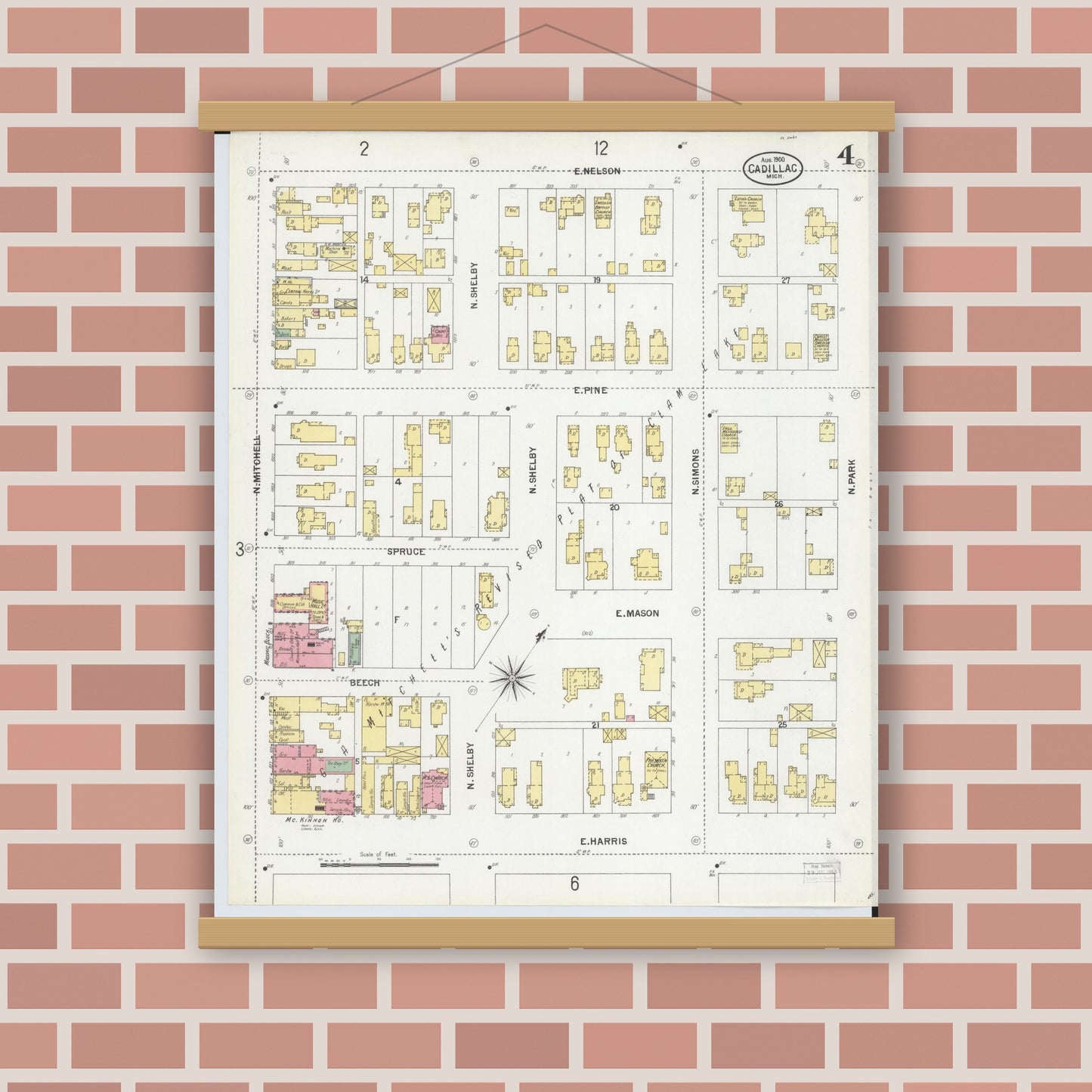 Old map wall art mockup — magnetic wood frame on brick wall — Sanborn Fire Insurance Map from Cadillac, Wexford County, Michigan (1900), Sheet #0004