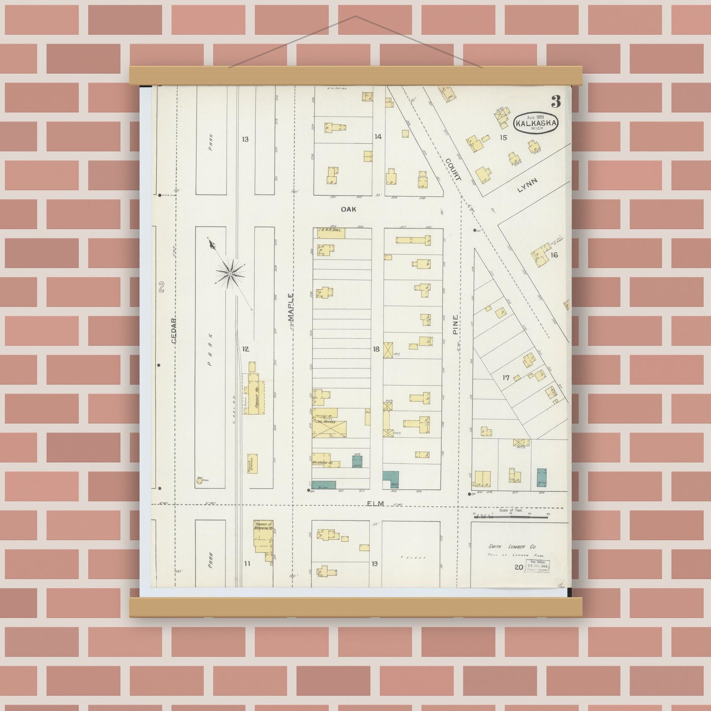 Old map wall art mockup — magnetic wood frame on brick wall — Sanborn Fire Insurance Map from Kalkaska, Kalkaska County, Michigan (1893), Sheet #0003