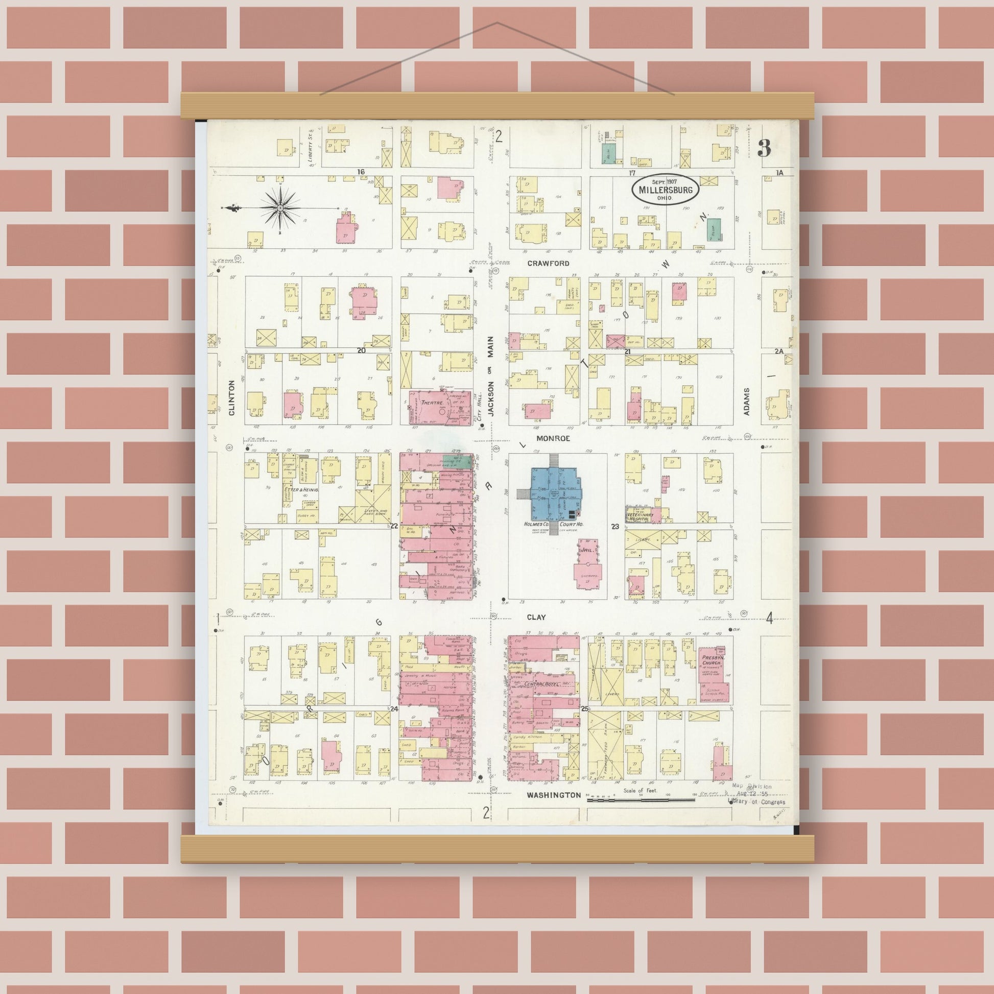 Old map wall art mockup — magnetic wood frame on brick wall — Sanborn Fire Insurance Map from Millersburg, Holmes County, Ohio (1907), Sheet #0003