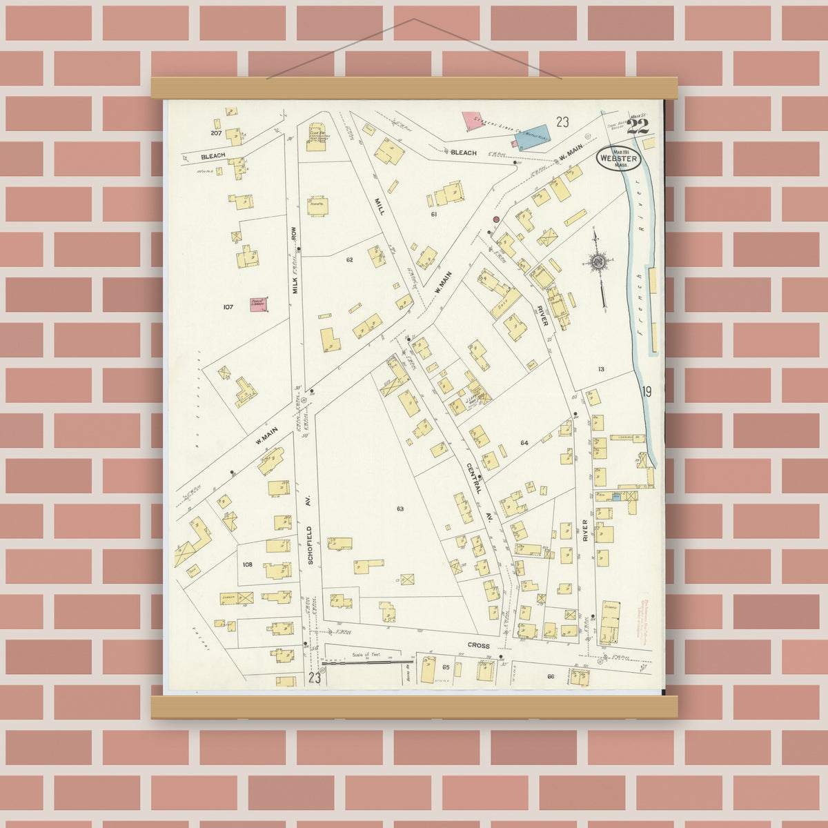 Old map wall art mockup — magnetic wood frame on brick wall — Sanborn Fire Insurance Map from Webster, Worcester County, Massachusetts (1911), Sheet #0022