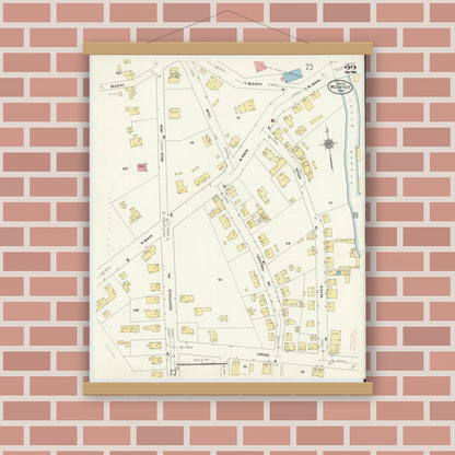 Old map wall art mockup — magnetic wood frame on brick wall — Sanborn Fire Insurance Map from Webster, Worcester County, Massachusetts (1911), Sheet #0022