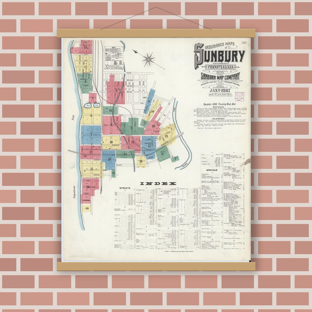 Old map wall art mockup — magnetic wood frame on brick wall — Sanborn Fire Insurance Map from Sunbury, Northumberland County, Pennsylvania (1907) - Complete Map Set