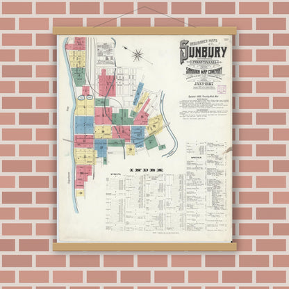 Old map wall art mockup — magnetic wood frame on brick wall — Sanborn Fire Insurance Map from Sunbury, Northumberland County, Pennsylvania (1907) - Complete Map Set