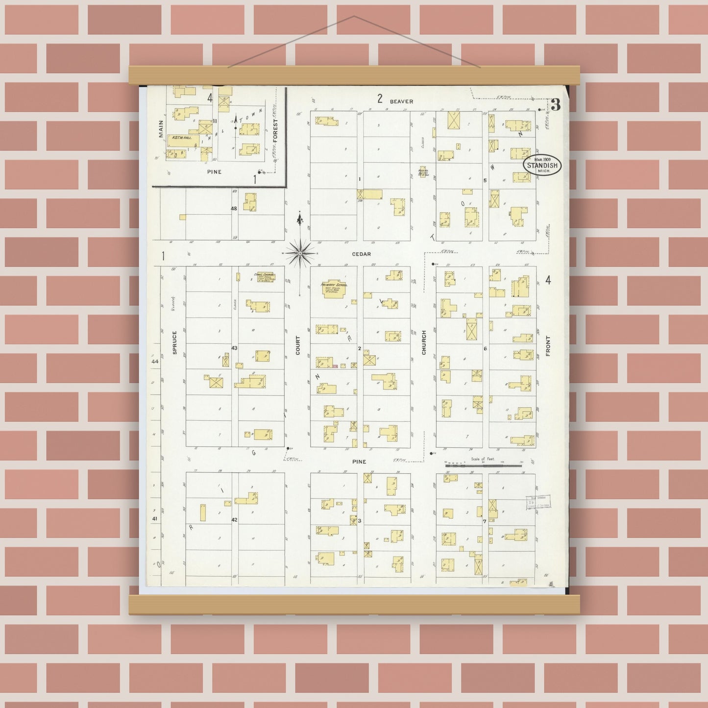 Old map wall art mockup — magnetic wood frame on brick wall — Sanborn Fire Insurance Map from Standish, Arenac County, Michigan (1909), Sheet #0003
