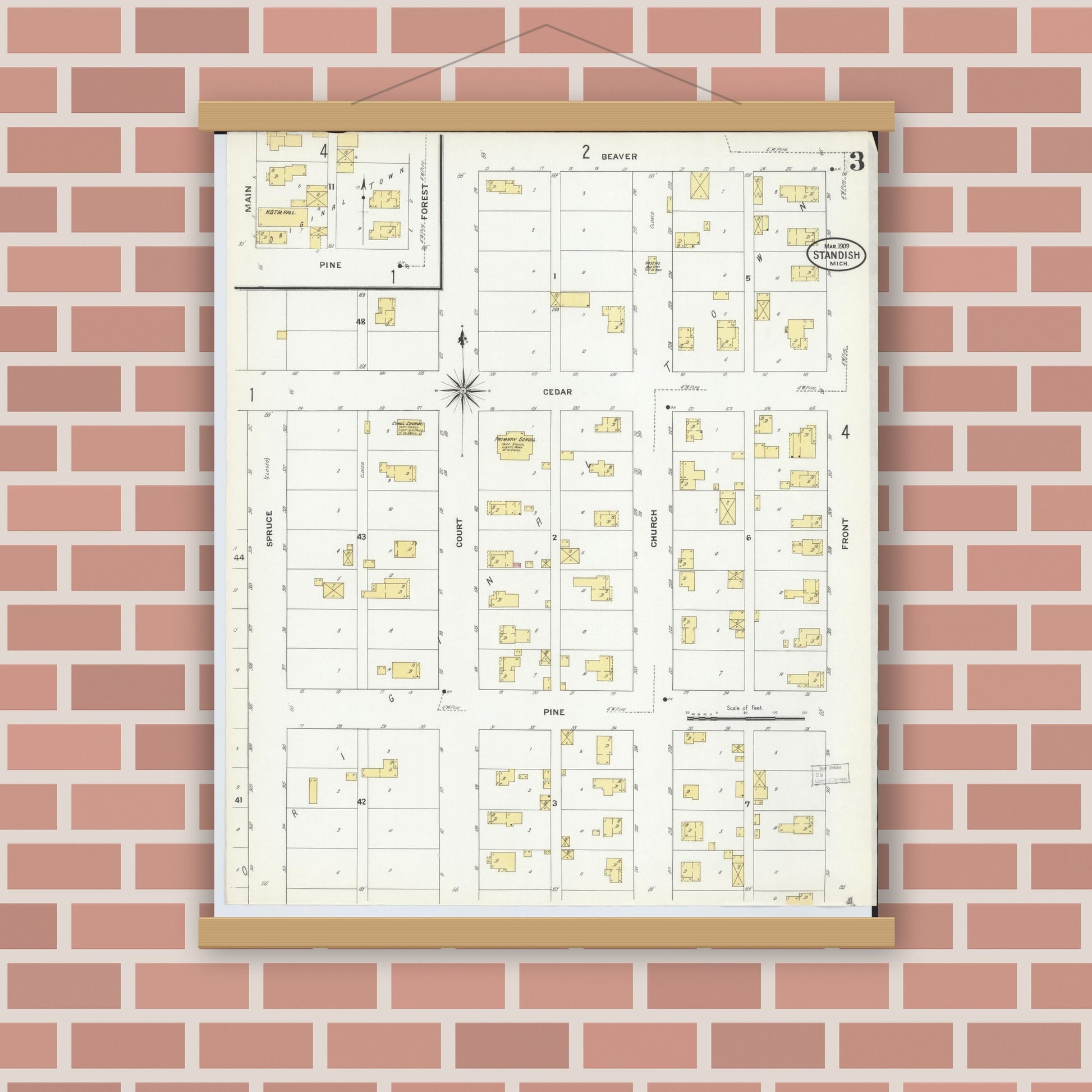 Old map wall art mockup — magnetic wood frame on brick wall — Sanborn Fire Insurance Map from Standish, Arenac County, Michigan (1909), Sheet #0003