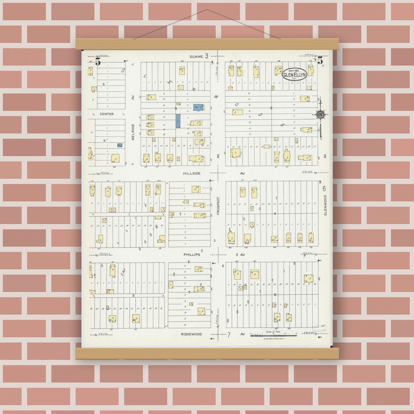 Old map wall art mockup — magnetic wood frame on brick wall — Sanborn Fire Insurance Map from Glen Ellyn, Du Page County, Illinois (1924), Sheet #0005