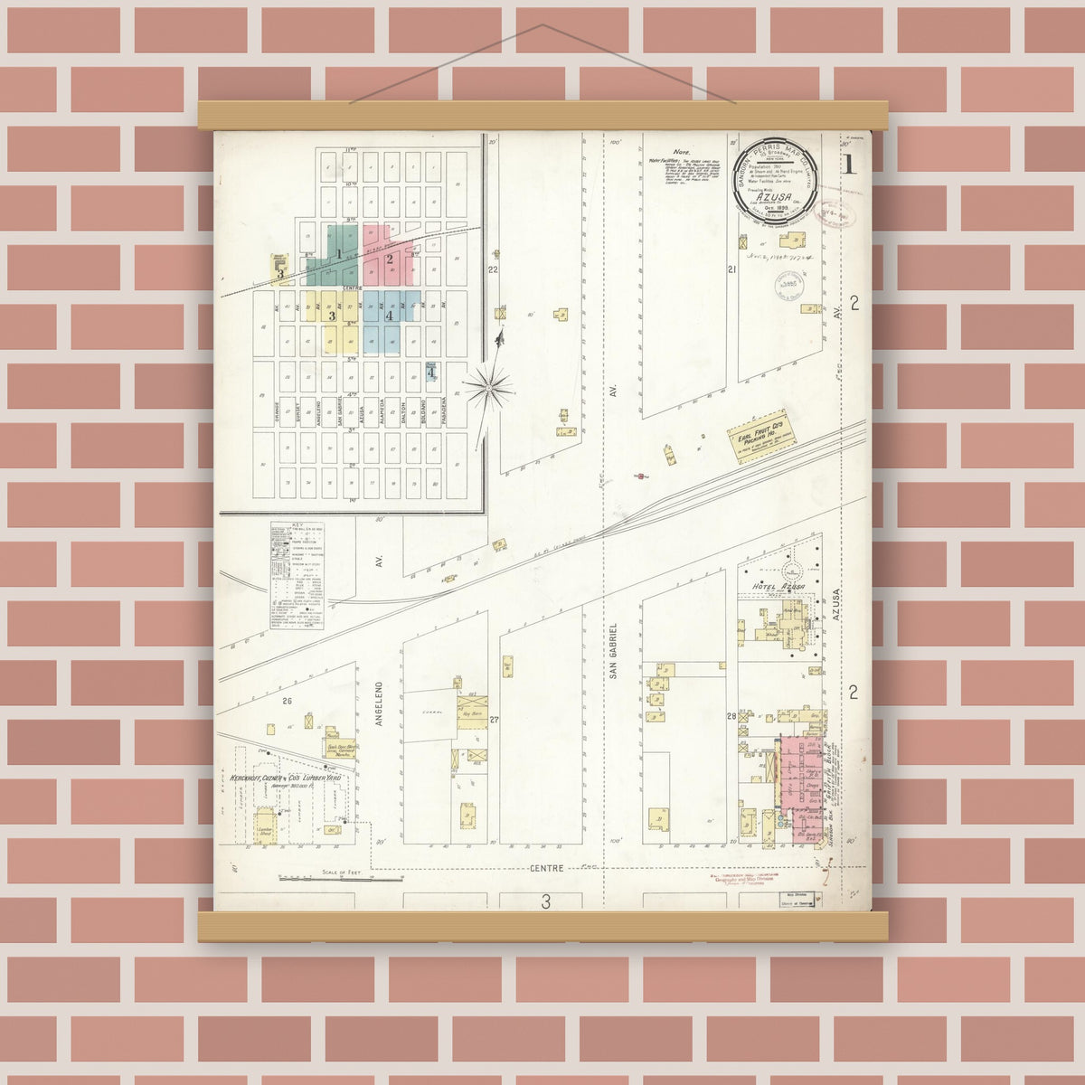 Old map wall art mockup — magnetic wood frame on brick wall — Sanborn Fire Insurance Map from Azusa, Los Angeles County, California (1899), Sheet #0001