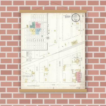 Old map wall art mockup — magnetic wood frame on brick wall — Sanborn Fire Insurance Map from Azusa, Los Angeles County, California (1899), Sheet #0001