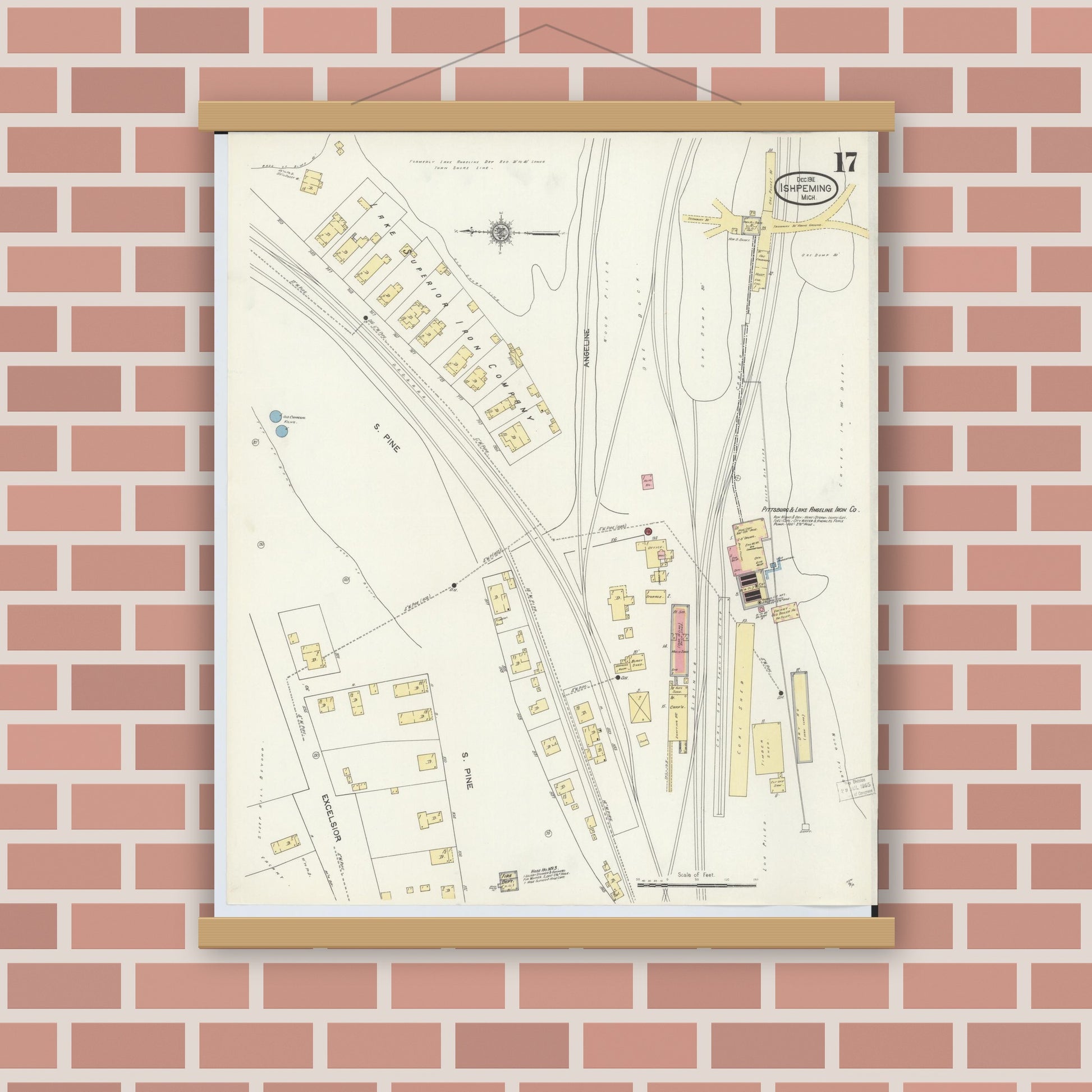 Old map wall art mockup — magnetic wood frame on brick wall — Sanborn Fire Insurance Map from Ishpeming, Marquette County, Michigan (1911), Sheet #0017